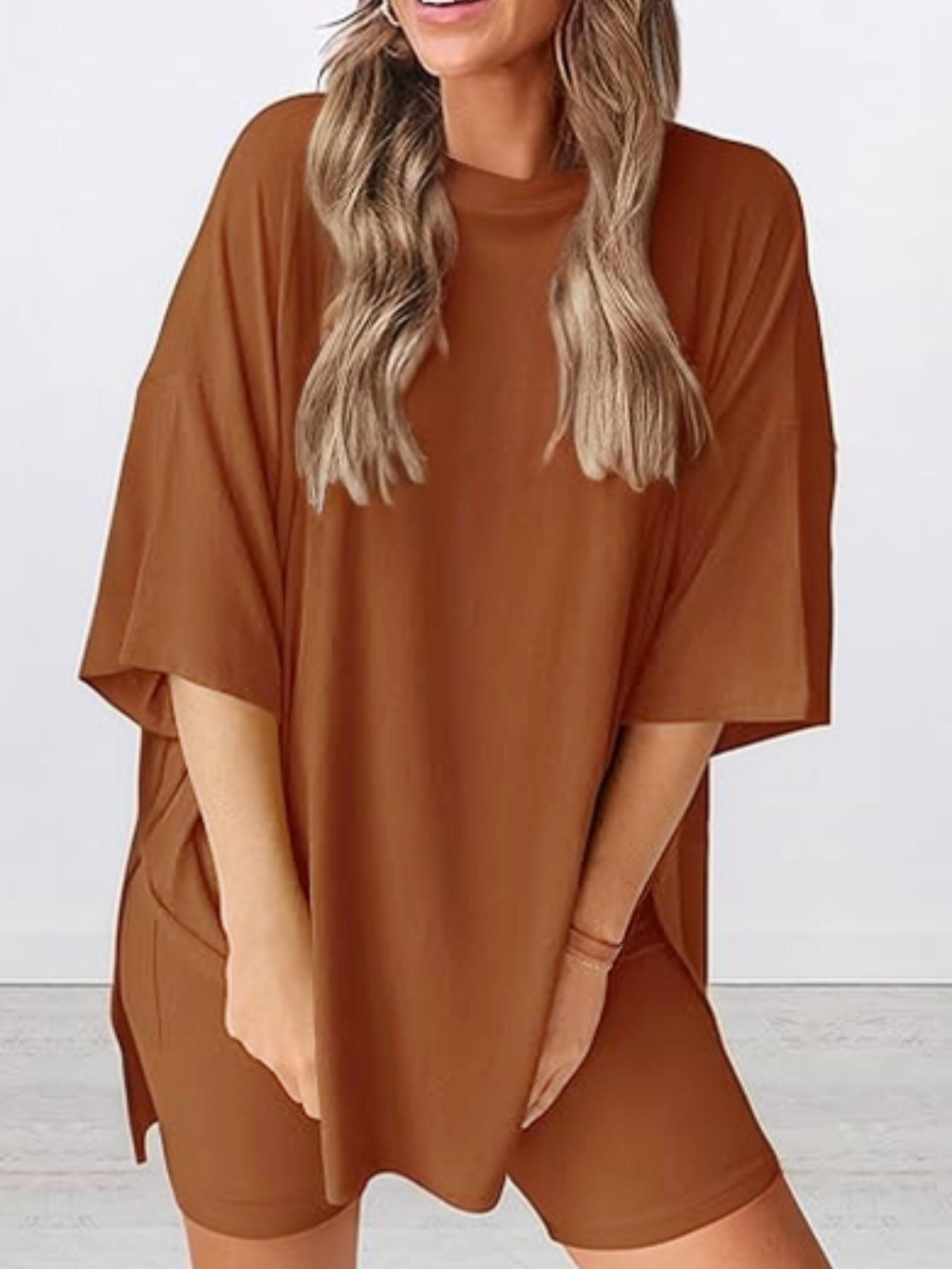 Women's Solid Color T-Shirt and Tight Shorts Set, Summer Comfort Round Neck Pajamas Loungewear, Nightwear, Pocket Design, Suitable for Outdoor Wear