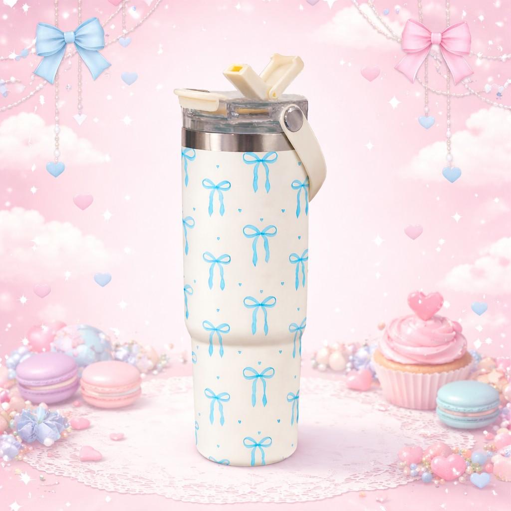 1 Pc 30oz insulated mug with handle and straw, Tumbler, cream white with blue bow design, double wall vacuum cup, leak-proof skinny thermal mug, keeps hot 12 hours and cold 24 hours, perfect for coffee tea smoothies cocktails, holiday gift