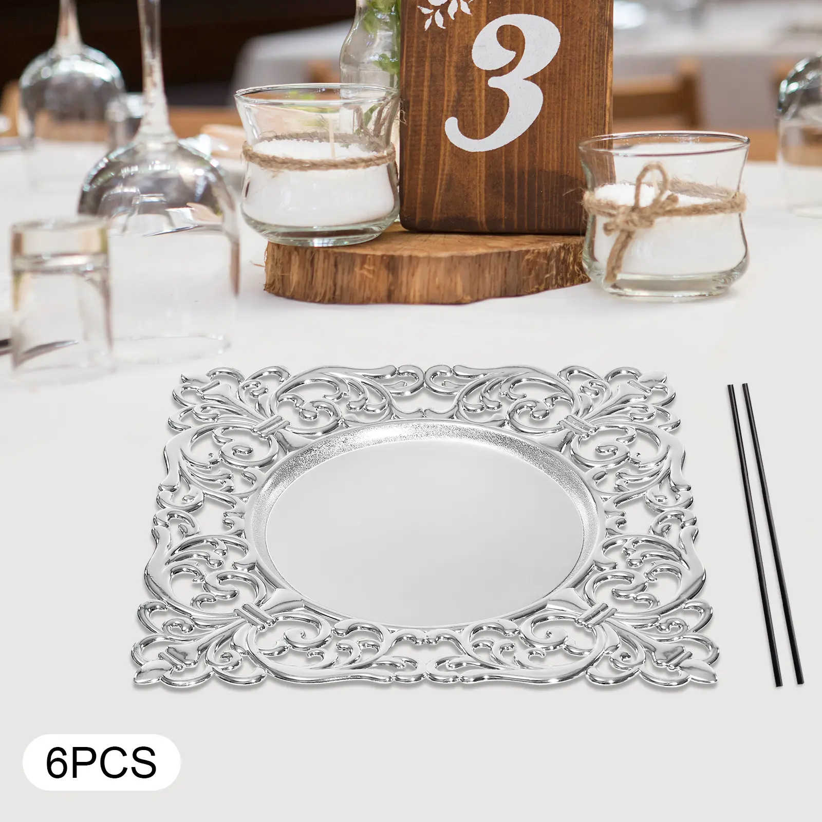 6 Pack Silver Square Charger Plates 30cm for Wedding Banquet Party Table Setting Use