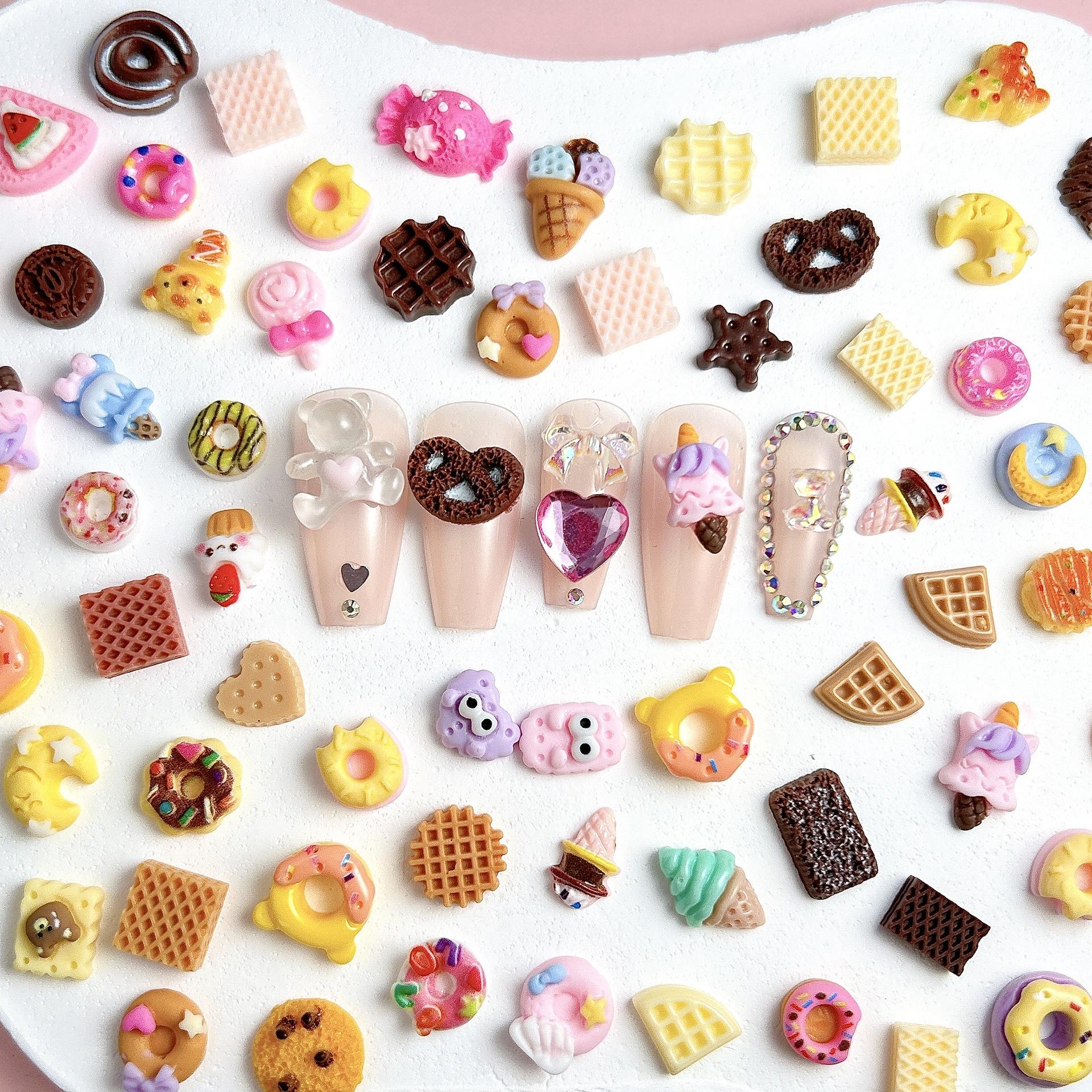 100Pcs Cartoon Cute Desserts Series Resin Nail Charms 3D Simulated Donut Ice-cream Cookies Chocolate Decorations DIY Hairpin Phone Case Nail Art Supplies for Women