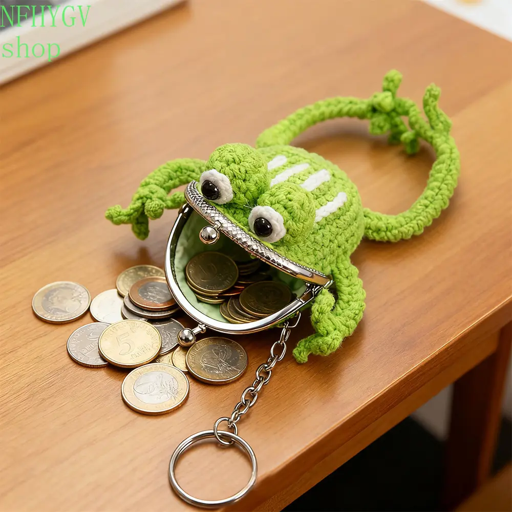 Handmade Crochet Frog Kiss Lock Coin Purse, Knitted Mini Wallet Keychain, Small Change Pouch, Portable Handbag Charm, Novelty Gift For Frog Lovers