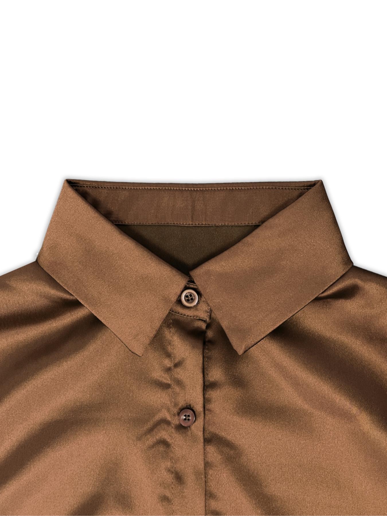 Women's solid color satin button-down long-sleeved casual shirt, made of fashionable silk fabric, suitable for casual office wear and commuting, and appropriate for both spring and autumn.