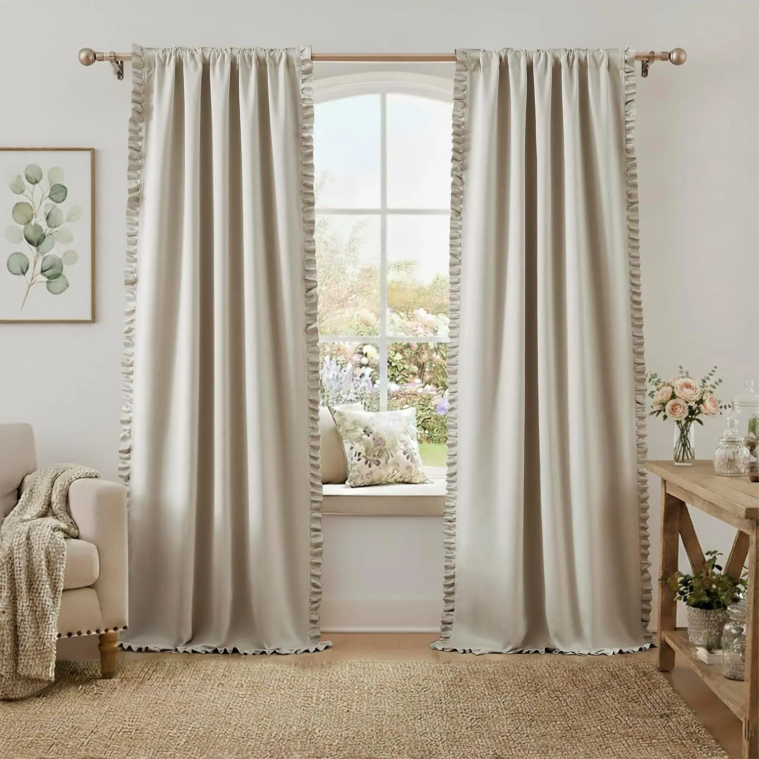 Beige 80% Blackout Curtains with Ruffle Heavy Solid Thermal Insulated Window  Set Soft Drapes for Bedroom Living Room Light Blocking Rod Pocket Curtain 40Wx63L 2 Panels