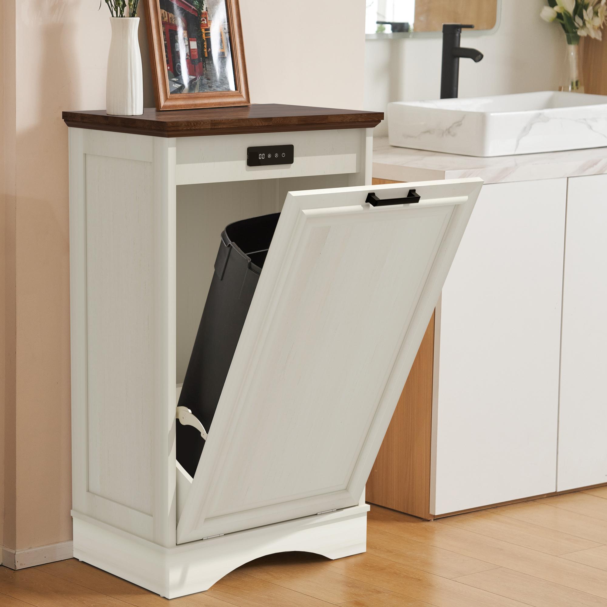 【Does Not Include Trash Can】AHB 13 Gallon Tilt Out Trash Cabinet Kitchen Waste Bins, Tilt-Out STORAGE Cabinet with Deodorizing Function for Kitchen Living Room, Antique White Storage Garbage Cabinet