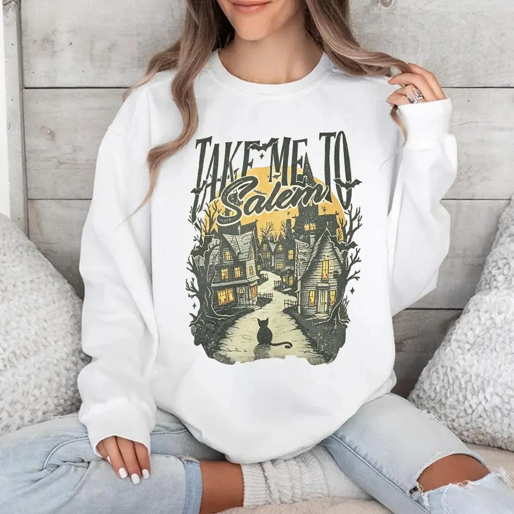 Crewneck Sweatshirt For Women Take Me To Salem Vintage Graphic Sweatshirt, Casual Long Sleeve Crew Neck Graphic Sweatshirt, Retro Halloween Salem Witch Town Printed Sweatshirts for Women