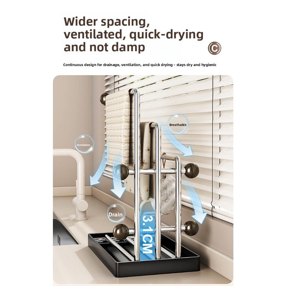 Kitchen stainless steel countertop organizer, household multi-layer storage rack with drain tray, rag holder, corner shelf for countertop, kitchen organizer, kitchen storage rack