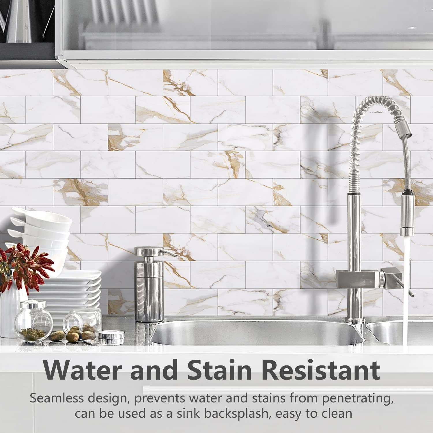 STICKGOO 100Pcs Peel and Stick Backsplash, 3" x 6" PVC Wall Tile, Stick on Backsplash for Kitchen/Bathroom/Fireplace - Calacatta Gold Decor Decorative