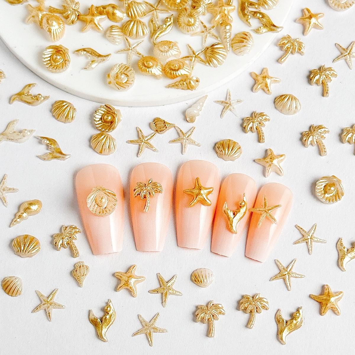 120PCS Multi-style Creative Ocean Series Resin Nail Charms 3D Champagne Color Shell Conch Starfish Fish Tail Summer Beach Nail Decorations DIY Necklace Clothing Nail Art