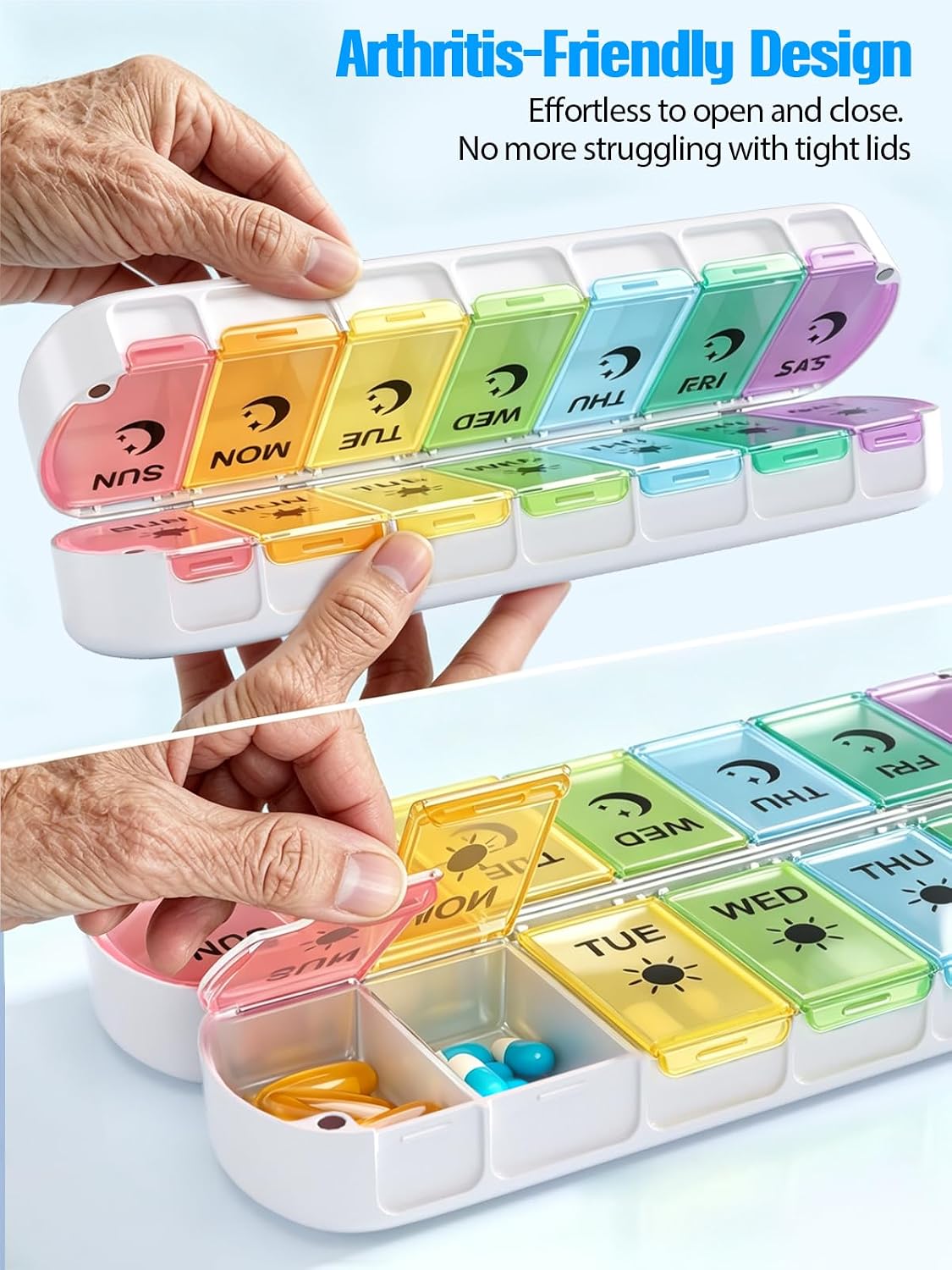Pill Organizer 2 Times a Day,Foldable Weekly AM PM Pill Case,Large Pill Box | Easy to Open,Never Spill Pills,Magnetic Travel Medicine Pill Organizer 7 Day,Day Night Pill Container for Vitamin Supplement