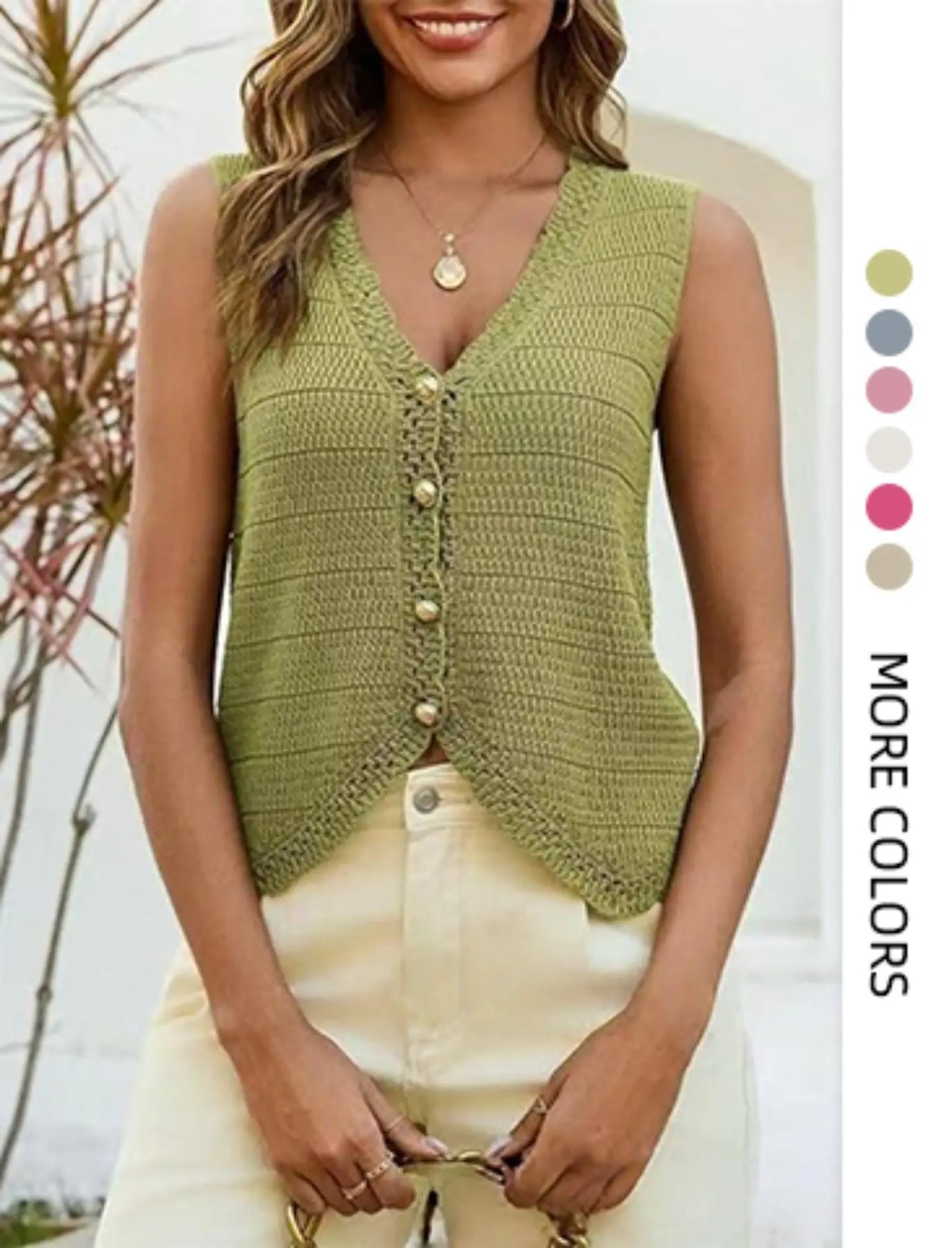 Summer Four-Button Knit Vest, Handmade Crochet Sleeveless V-Neck Cardigan, Unique Women's Tank Top, Fashionable Chic Casual Summer Outfit, Summer Sleeveless Womenswear, Sleeveless Knitted Vests