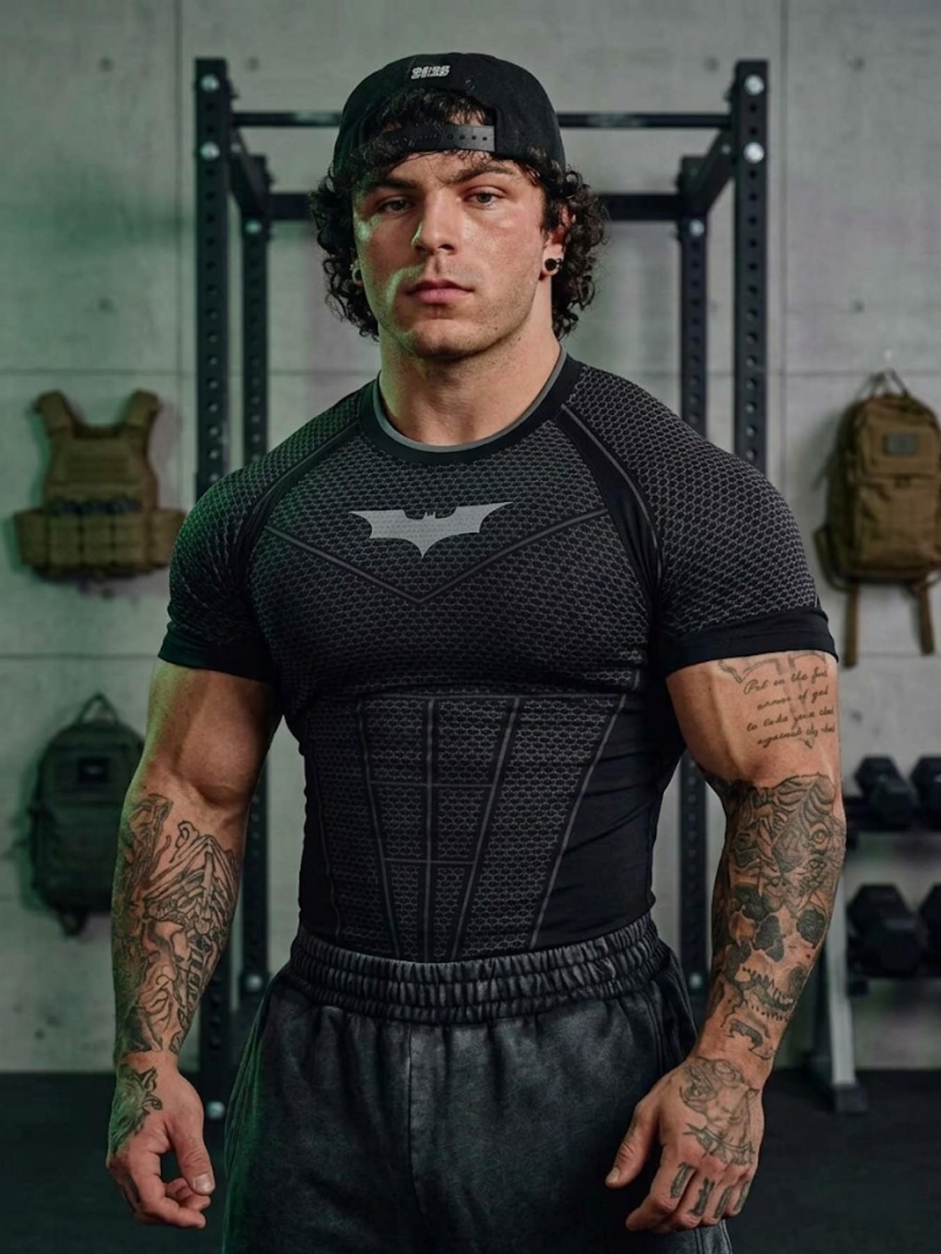 Men's Sporty T-Shirt, Geometric Pattern Short Sleeve Top, High Stretch Street Style, Ideal for Gym, Training, Casual Wear