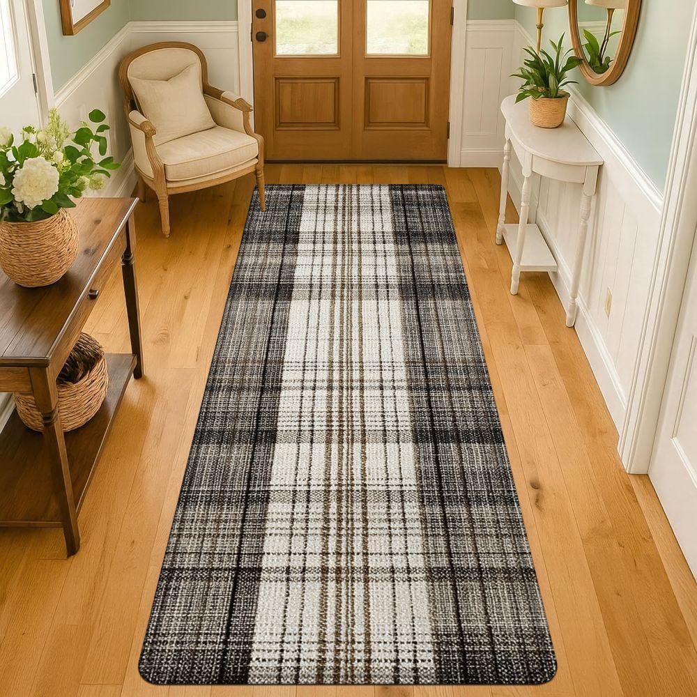 1PC， Spring Brown and White Plaid Fabric Patterned strip rugs, home décor, bathroom mats, entryway mats, bathroom non-slip mats, indoor entrance rugs, bedroom bedside mats, kitchen mats, hallway rugs, flannel sponge rugs, hallway runner rugs