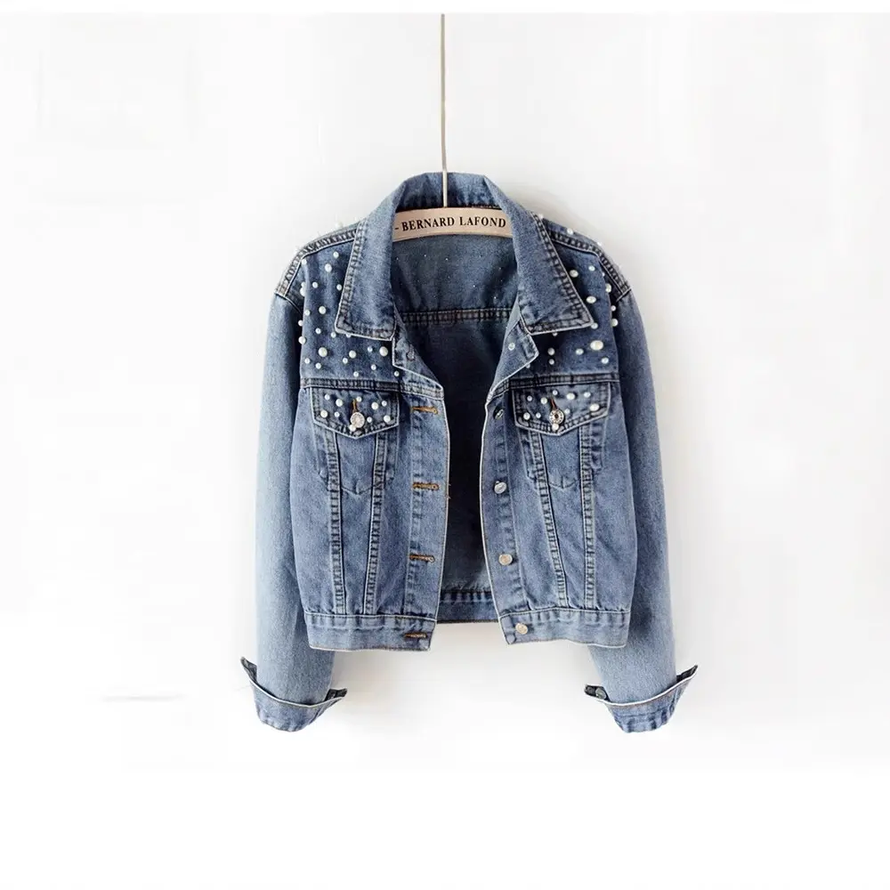 Women’s Pearl Embellished Denim Jacket - Washed Blue Elegant Outerwear with Beaded Shoulder Detail, Button-Front Chest Pockets, Casual Cropped Long Sleeves, S-3XL for Streetwear, Work, Everyday Wear (Statement, Traditional, Basic Styles)