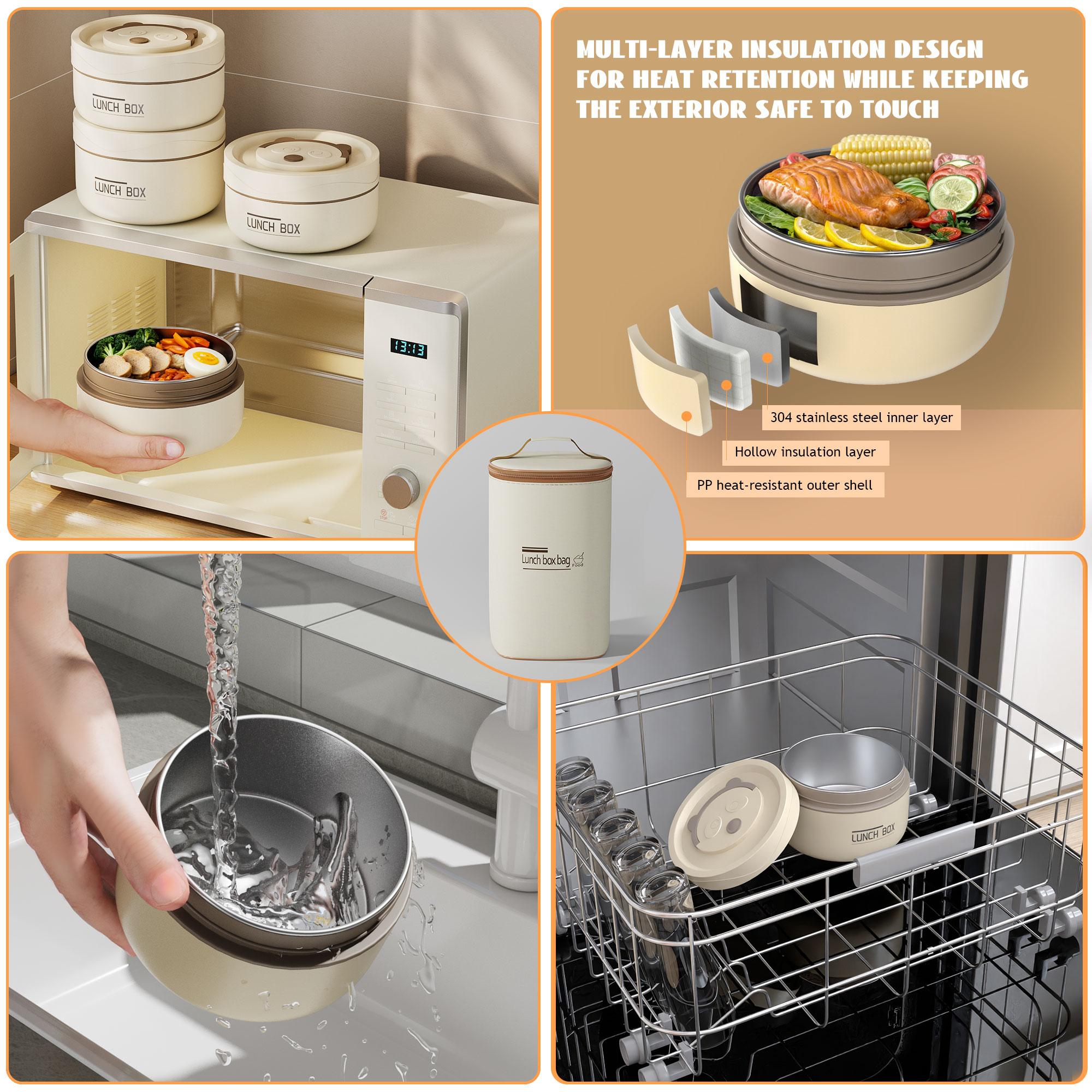 4 Pack Leakproof Thermal Food Container Portable Insulated Bento Box Round Stainless Steel Microwave Safe Stackable Lunch Box with Beige Insulated Bag for Men Women Work Travel Picnic