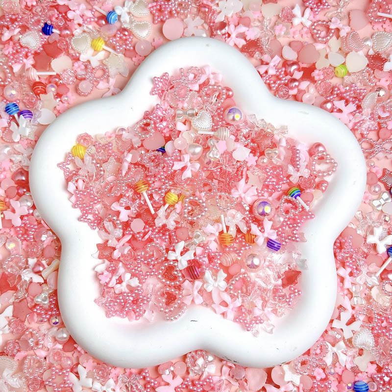 100PCS Sweet Minimalist Bow Resin Nail Charms Simulated Heart Candy Half Round Pearls Pink Decorations DIY Nail Art Supplies