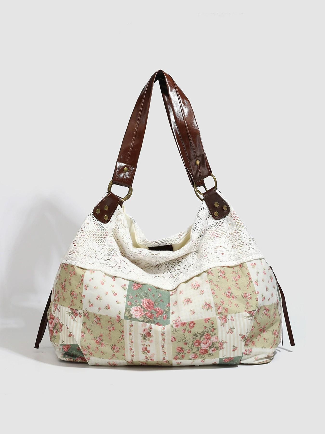 Women's Vintage Floral Patch Lace Patchwork Underarm Tote Bag, Faux Leather Large-Capacity Retro Purse for Commute, Shopping, Ideal Holiday Gift for Ladies, Daily Use