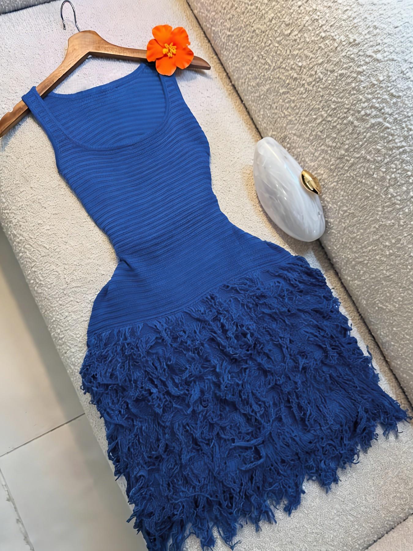 Elegant Knitted Bodycon Dress, Summer Vacation Fringe Skirt, Slim Fit Sleeveless Knit Vest Dress, Solid Round Neck Sweater Dress, Spring & Summer Women's Clothing Elegant Knitted Bodycon Dress, Summer Vacation Fringe Skirt, Slim Fit Sleeveless Knit Vest Dress, Solid Round Neck Sweater Dress, Spring & Summer Women's Clothing