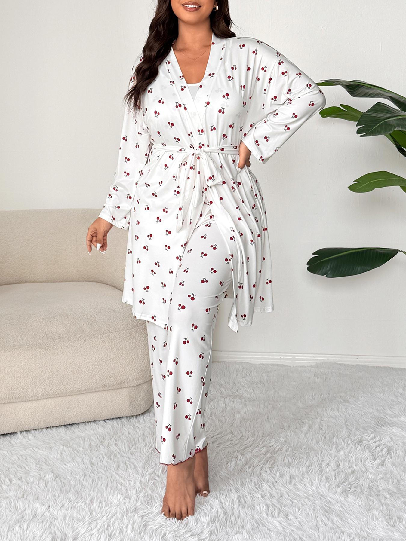 Plus Size Cherry Print Women's Sweet Comfortable Belted Robe Set, Sleeveless Long Pants Three-Piece Sleepwear, Casual Home Wear