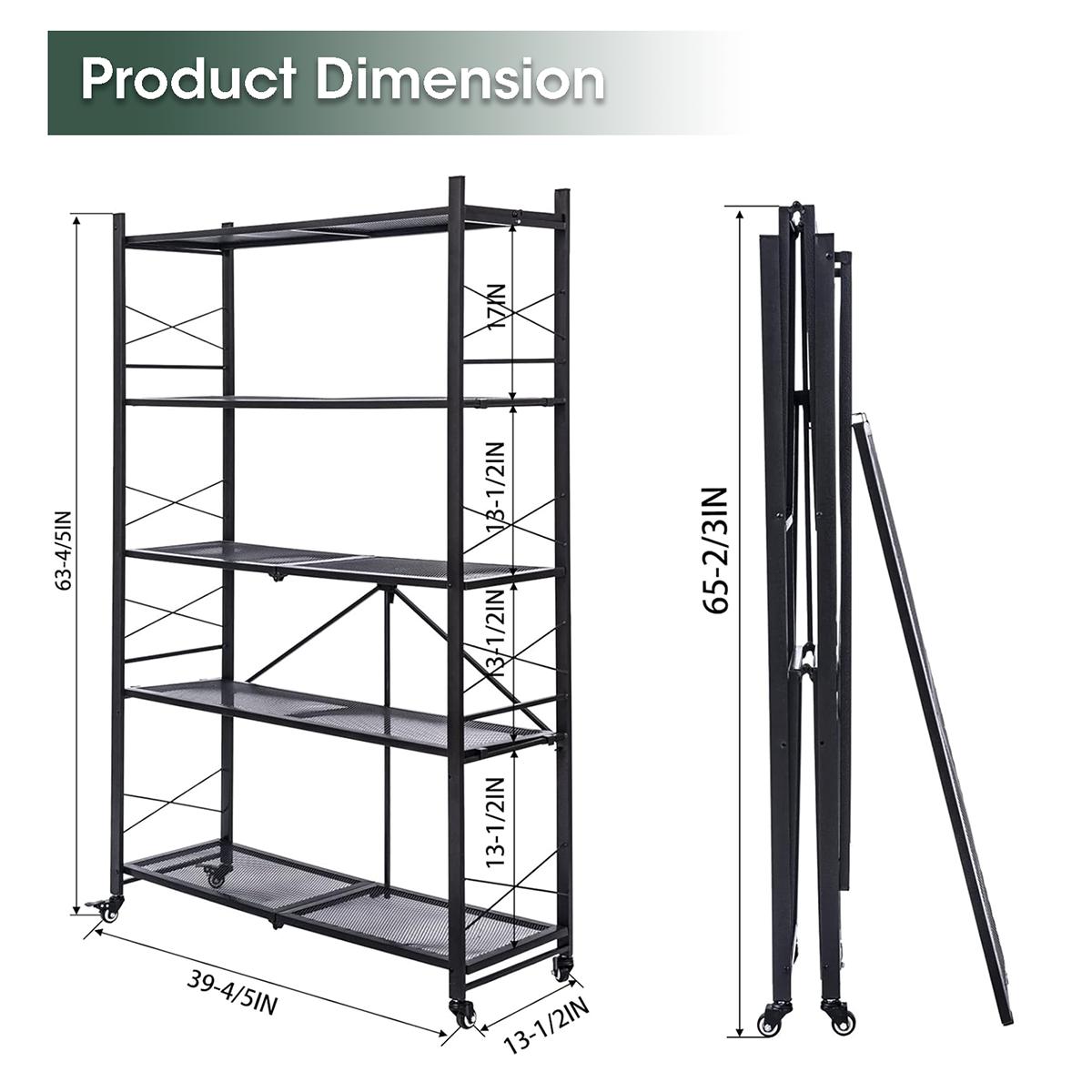 Grezone 3/4/5 Tier Foldable Storage Shelf with Wheels,Collapsible Shelving Unit Display,Rolling Cart for Books Kitchen Storage Shelves Steel