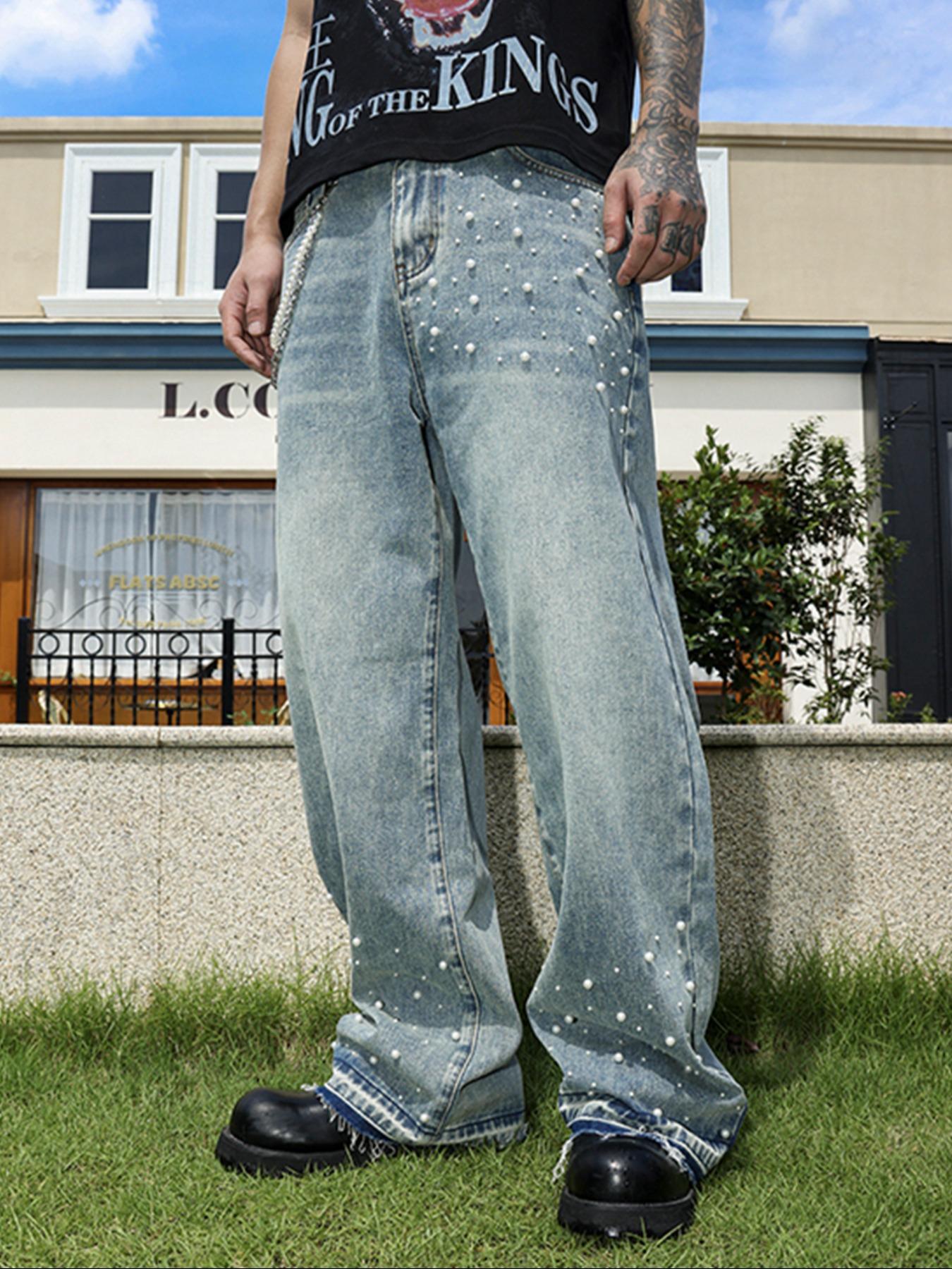 Four-Season Washed Light Blue Handmade Beaded Loose Wide Leg Straight Leg Jeans, Y2K Casual Streetwear, Perfect Gift for Husband or Boyfriend