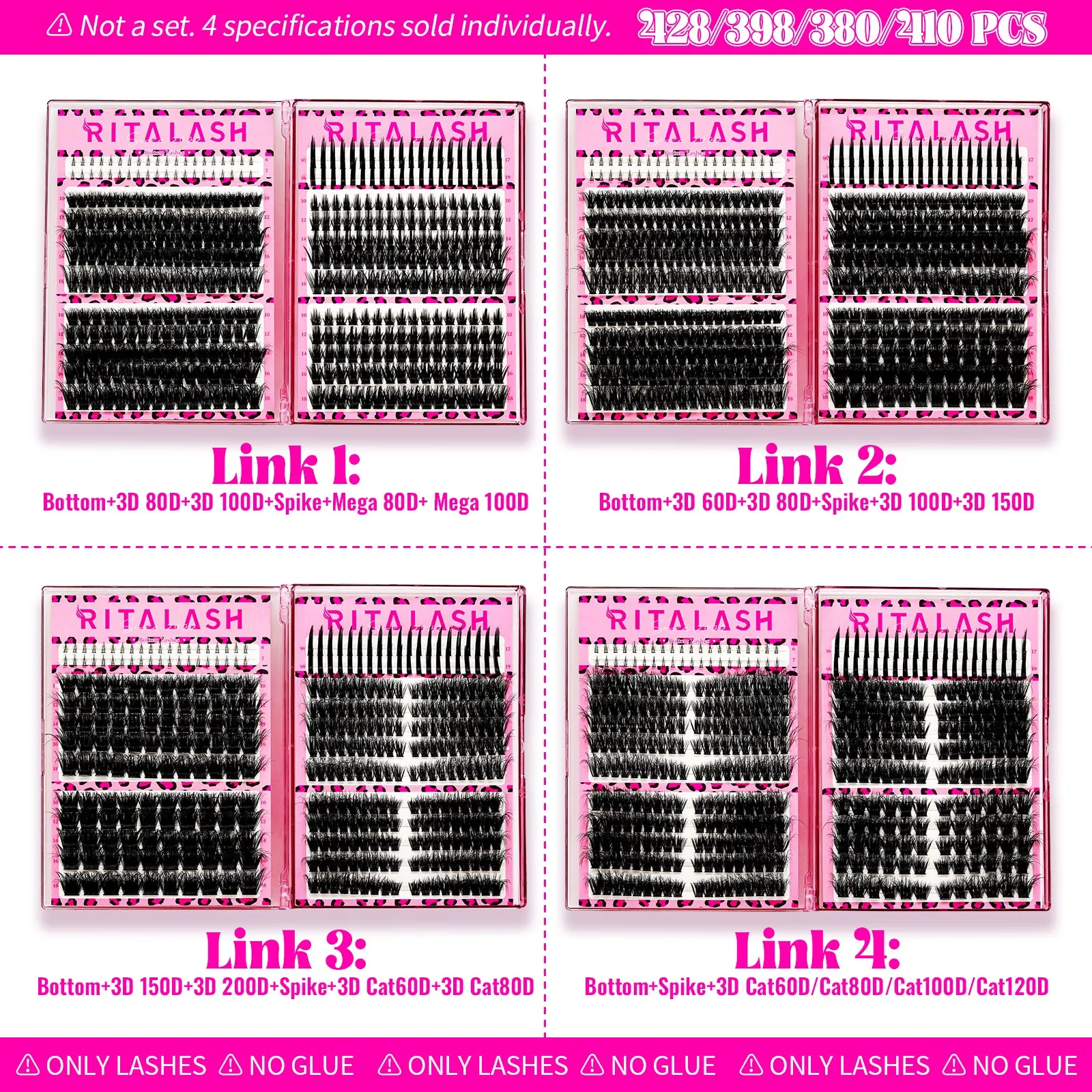 RITALASH 380/398/410/428PCS 4 Trays Lash Upgrade Cat Lash Clusters Gift Packs, WaterProof Lashes Individual Lashes Clusters Extensions for Beginners and Proficient, DIY at Home Easily, Extension Soft comfortable Easy Apply