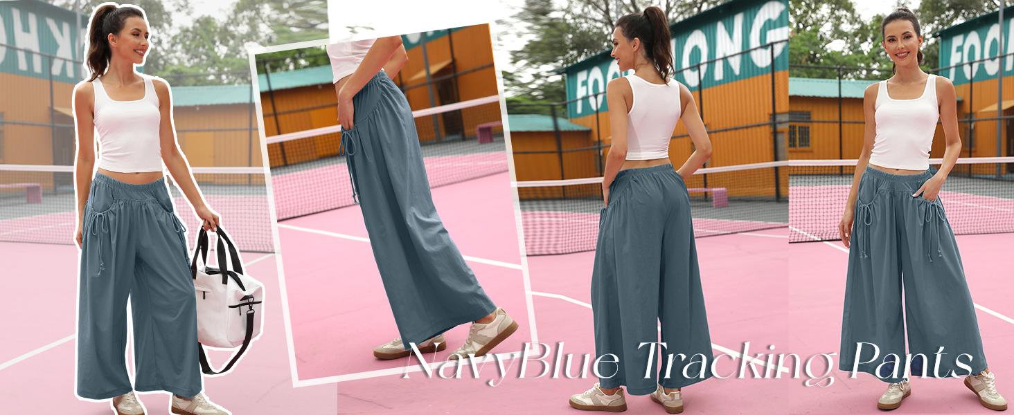 UANEO Women's Loose Wide Leg Track Pants Boho Sport Style Drawstring Pockets Elastic Waist Capri Hiking Parachute Pants Womenswear Casual