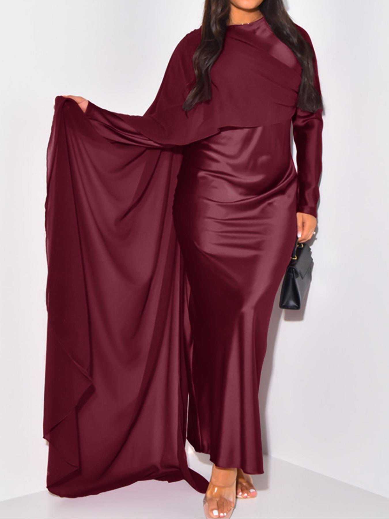 Pure Color Elegant Fashion One-Shoulder Cape Long Sleeve Dress, Fitted Style, Plain Pattern, Long Dress Length, Women's Clothing, Formal Wear