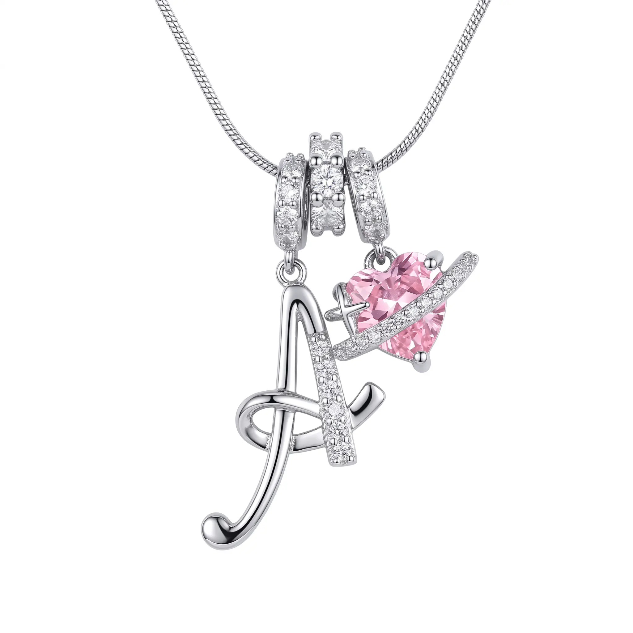 Women's 3-Layered Script Initial Necklace, 925 Sterling Silver CZ Pendant with Pink Heart Zircon, Adjustable Snake Chain Choker, Custom Letters Fashion Alphabet Pendant, Elegant Personalized Gift Accessory for Skateboarding Leisure & Outdoor Use