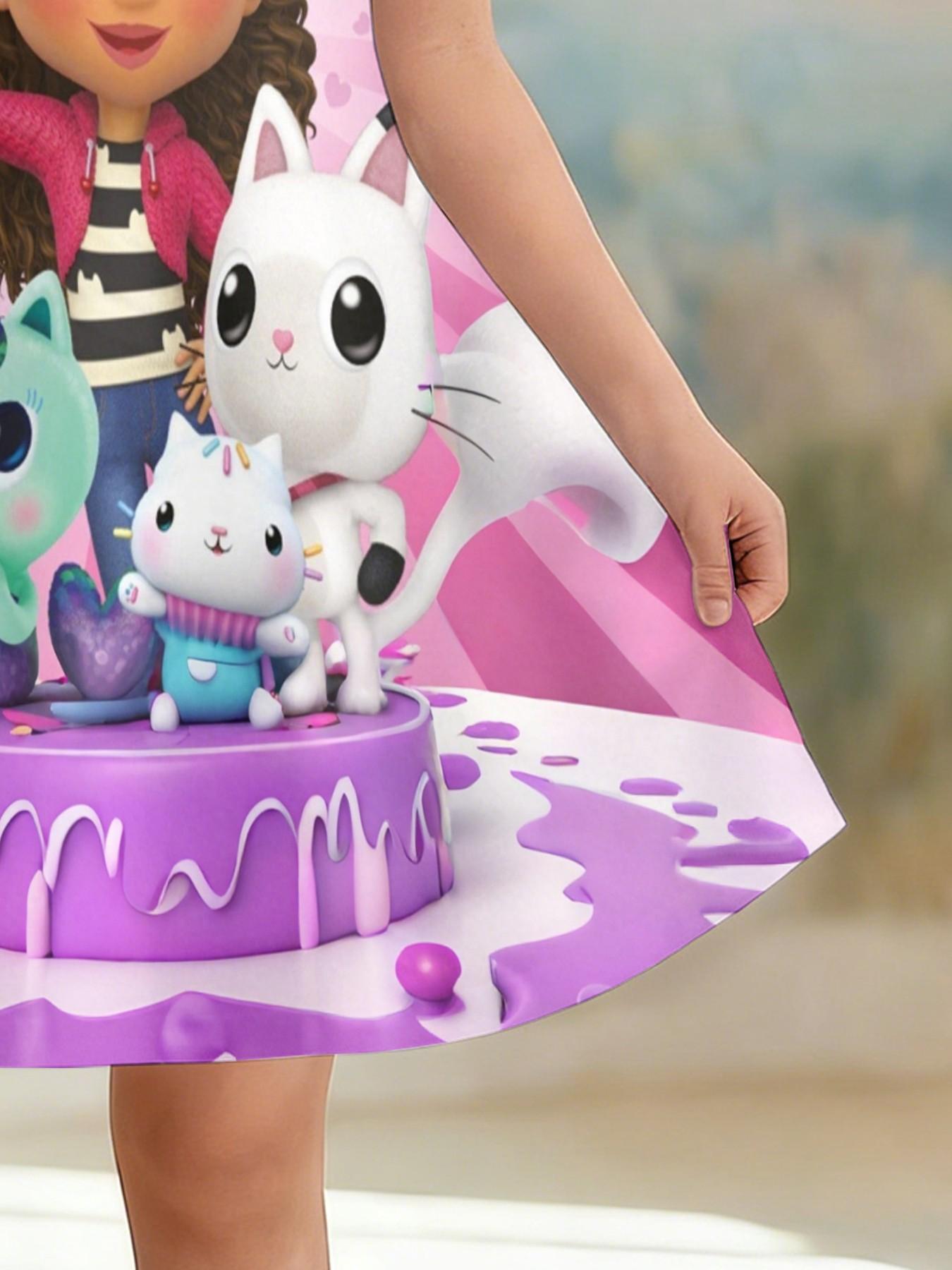 Girls' Gabby Doll Party A-Line Dress, Cartoon Sweetie Short Sleeve Dress, Fashion Outdoor Wear, Birthday Gift, Holiday Gift