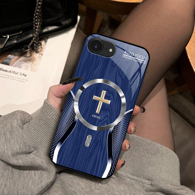 Luxury Wood Grain MagSafe phone case Carbon Fiber Texture Golden Cross Emblem for [iPhone 16e] 952