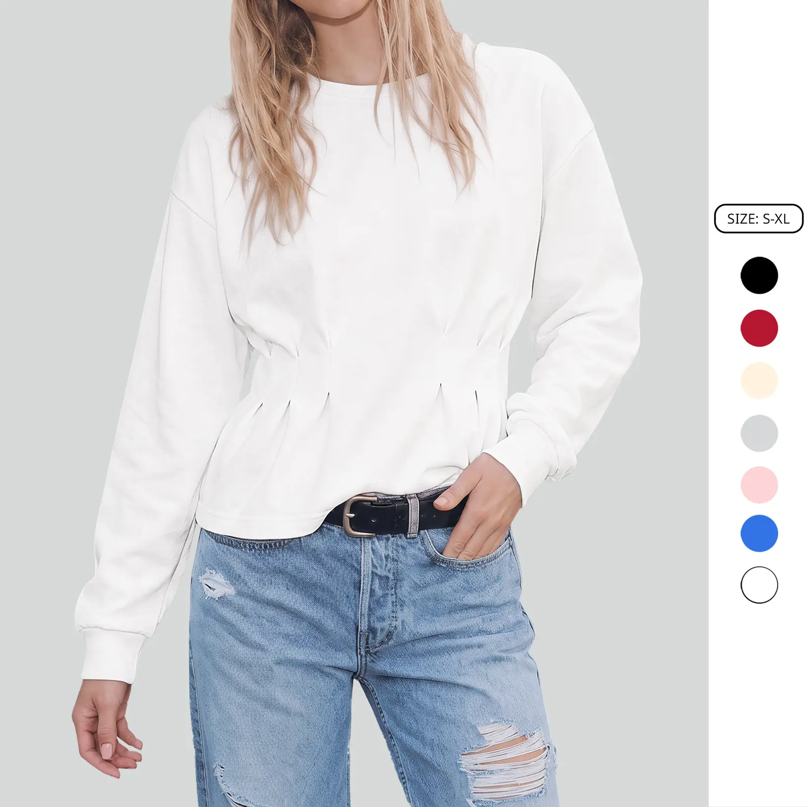 Imily Bela Women's Basic Long Sleeve Sweatshirt Cinched Waist Crewneck Casual Sweatshirt Flattering Pullover Top