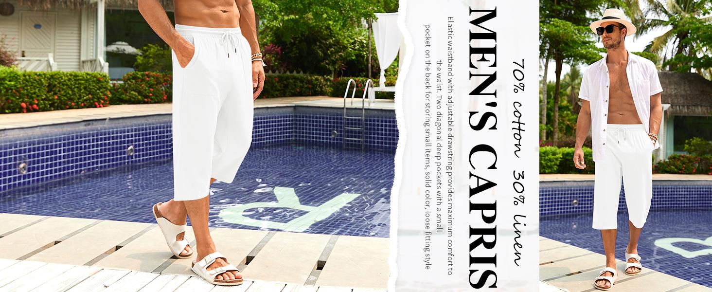 Runcati Men's Linen Capri Pants Casual Lightweight 3/4 Pants Elastic Waist Drawstring Beach Yoga Shorts with Pockets Runcati Men's Linen Capri Pants Casual Lightweight 3/4 Pants Elastic Waist Drawstring Beach Yoga Shorts with Pockets