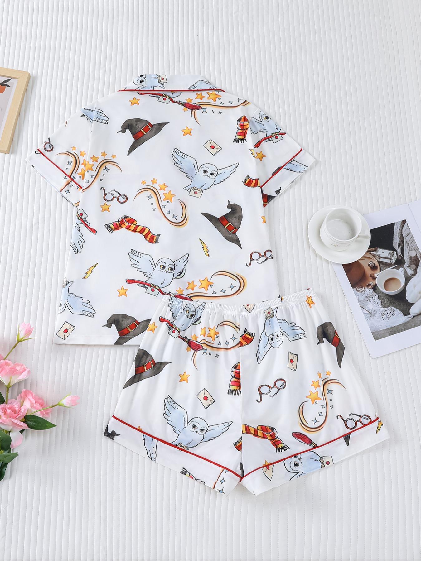 Women's Owl Print Short Sleeve Top & Elastic Waist Shorts Pyjama, Casual Comfy T-shirt & Shorts PJ Set, Ladies Sleepwear for Summer, Loungewear, Pajama Set