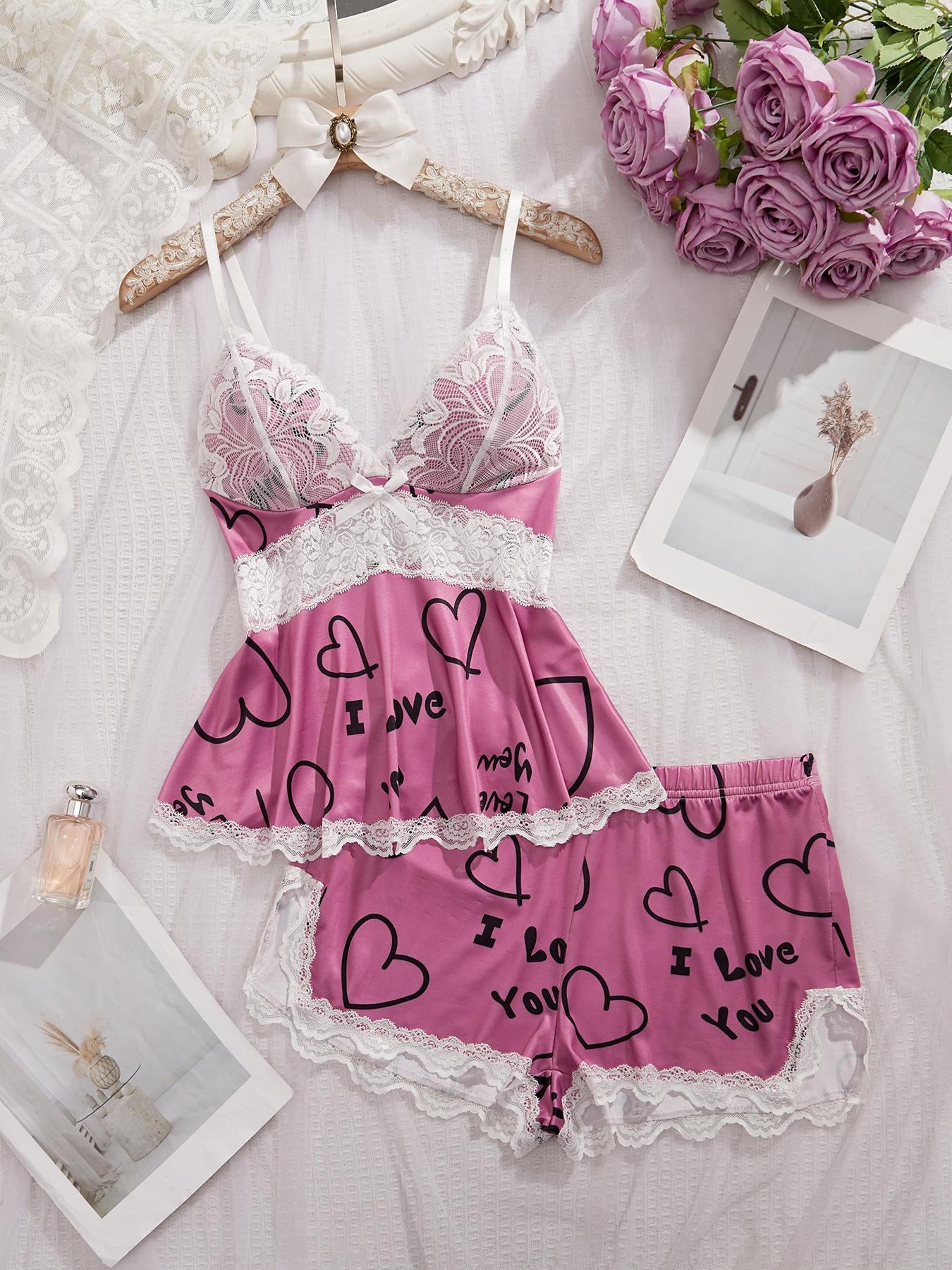 Women's Plain Lace Patchwork Pajama Set, Adjustable Spaghetti Strap V Neck Fitted Camisole & Elastic Waist Shorts PJ Set, Ladies Sleepwear for All Seasons