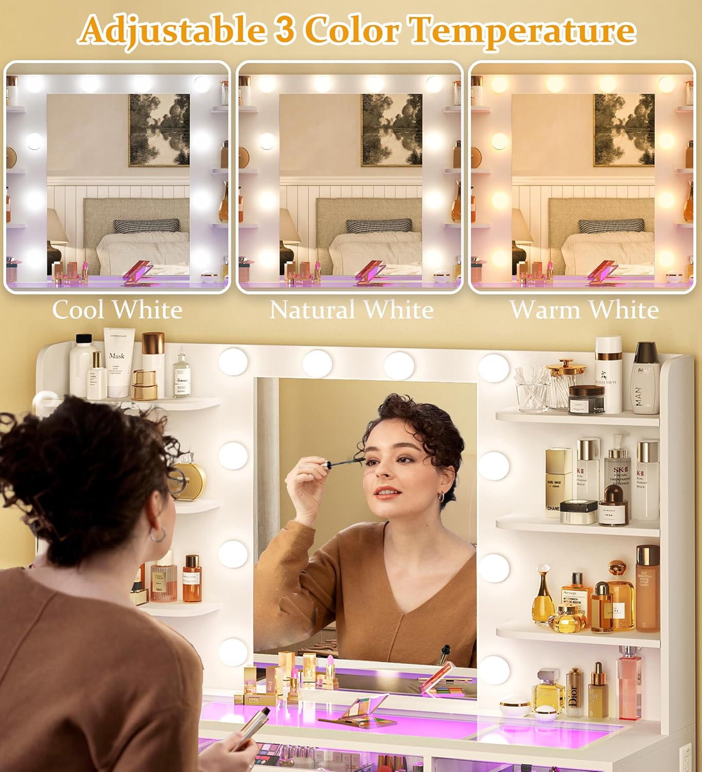 Vanity Desk, Makeup Vanity Desk with Mirror and Lights 3 Colors, Transparent Top with 3 RGB Drawers, 6 Shelves, 2 Large Tempered Cabinets, Power Outlet, for Bedroom, White