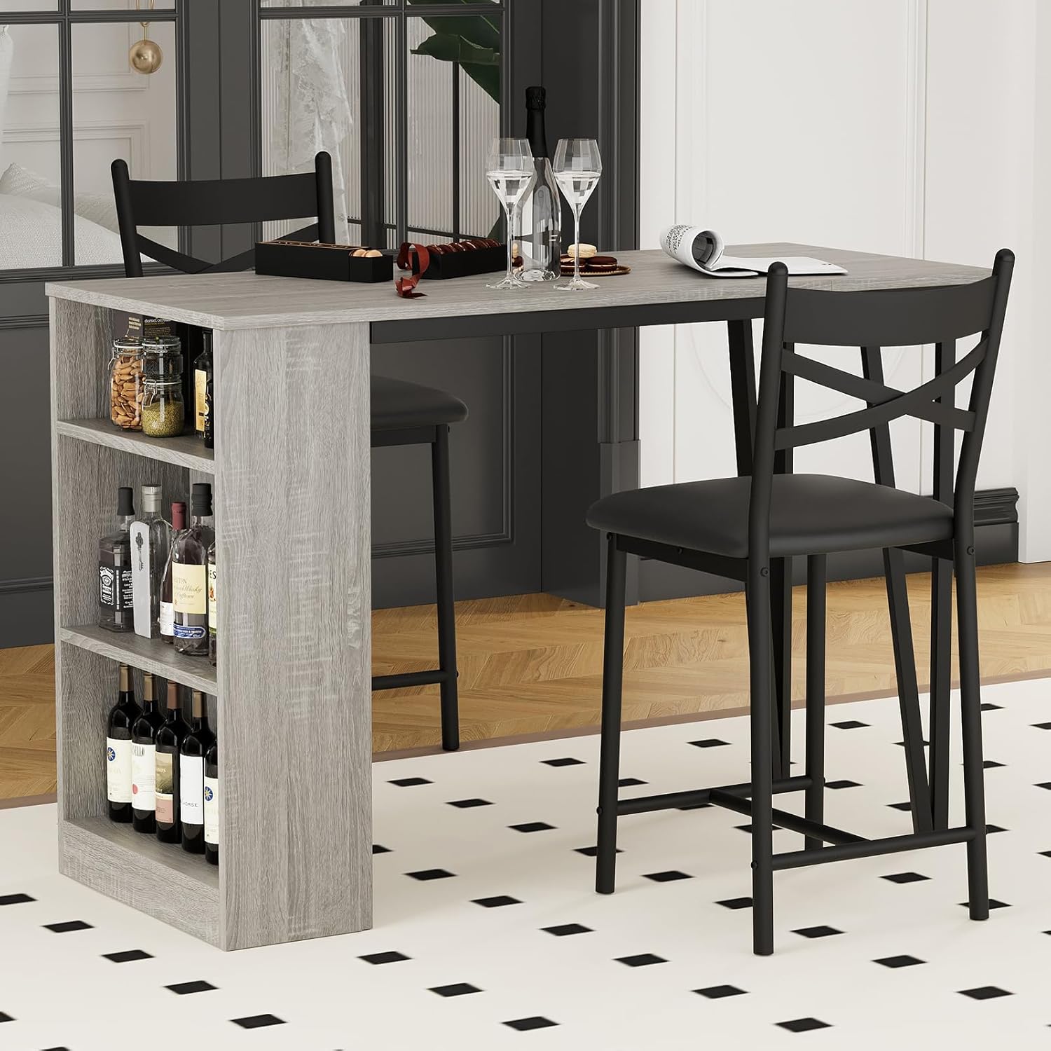 3-Piece Dining Table Set, Counter Height Kitchen Table Set for 2 with 3 Storage Shelves, Expandable Bar Table with 2 Cushioned Chairs for Small Spaces, Apartment