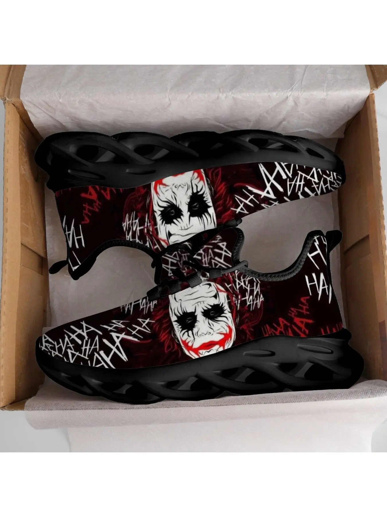 Halloween Black Red Gothic Clown Graphic Chunky Sneakers, Breathable Mesh Hollow Cutout Sole Man Woman Walking Footwear, Abstract Laugh Letter Graffiti Creepy Clown Art Urban Streetwear Sports Shoes