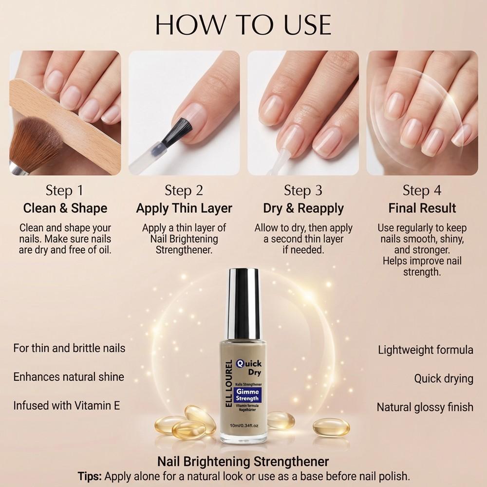 ELL LOUREL 10ml Gimme Strength Quick Dry Nail Strengthener - Vitamin Calcium Nail Hardener, Repairs Weak & Brittle Nails, Promotes Strong Nail Growth, High Shine Manicure Treatment, Perfect for Daily Nail Care, 0.34fl.oz,Promotes Strong Nail Growth