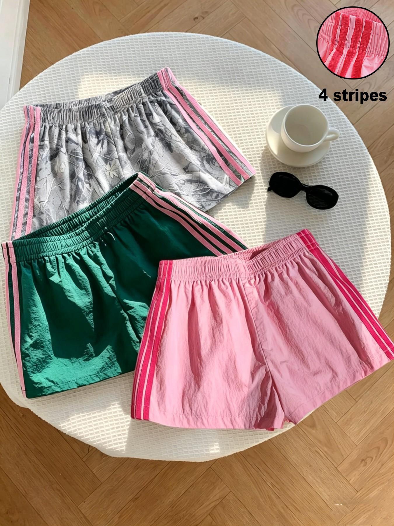 Trendy Comfortable 3-Piece Women's Casual Loose Short Pants, Side Stripe Design, Striped, Elastic Waist, Perfect for Spring Summer Carnival Activities, Casual Fashionable Shorts