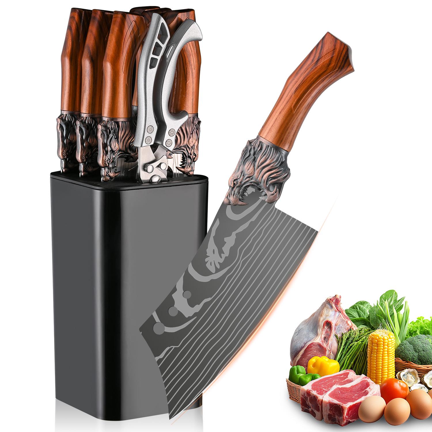 Multifunctional kitchen knife set, 7 different shapes of multi-purpose knives and 1 sharp kitchen scissors, suitable for home kitchen, restaurant back kitchen cutting meat, deboning, cutting sashimi, chopping bones