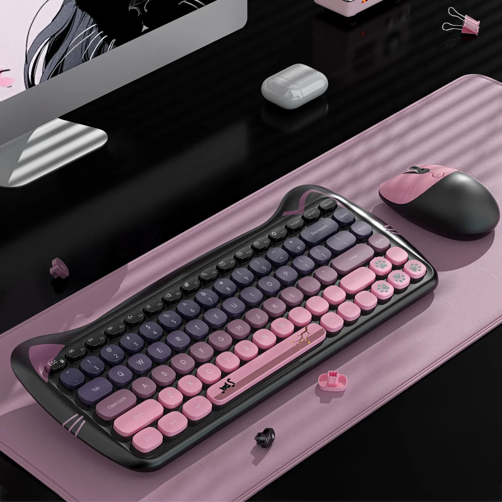 GEEZER Black Pink Cat Wireless Keyboard and Mouse Set, Cute Cat Ear Shape Retro Round Keycaps 75% Compact Office Combo, Compatible with Desktop & Laptop