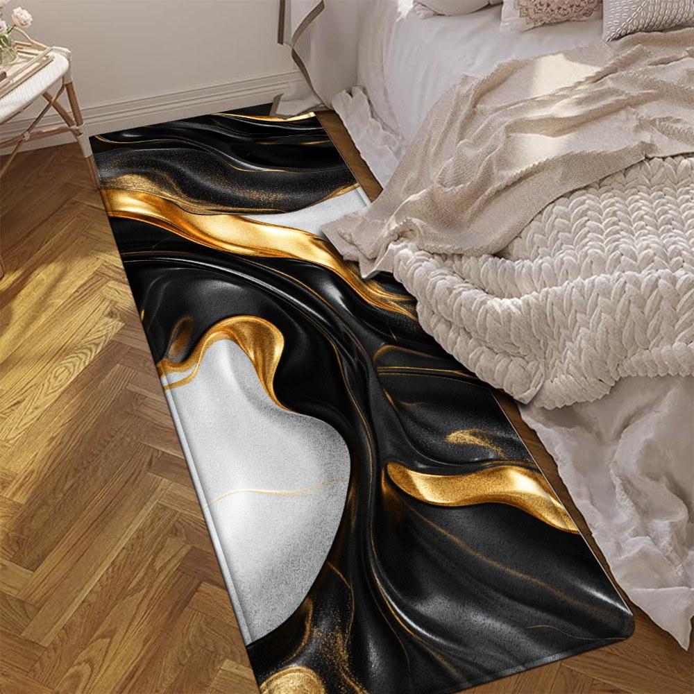 1PC， Black Gold White Fluid Texture Patterned strip rugs, home décor, bathroom mats, entryway mats, bathroom non-slip mats, indoor entrance rugs, bedroom bedside mats, kitchen mats, hallway rugs, flannel sponge rugs, hallway runner rugs