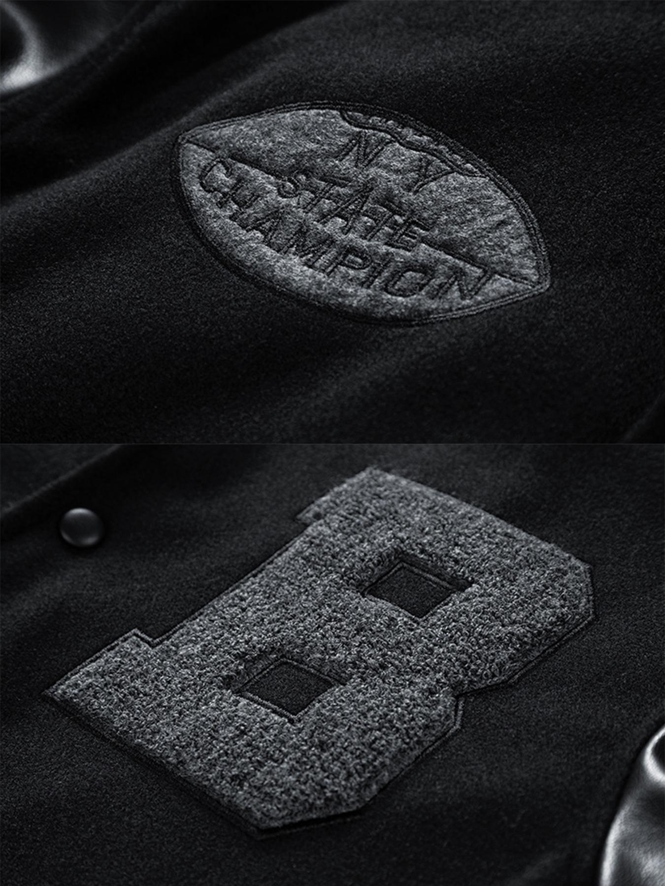 Men's Letter Patched Pocket Button Front Varsity Jacket, Casual Regular Fit Long Sleeve Stand Collar PU Leather Jacket Coat for Fall Winter