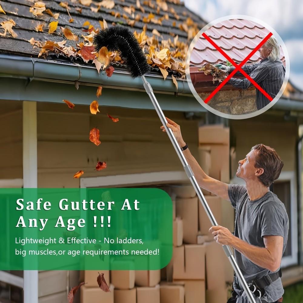 Long 3.7m/12ft Rain Gutter Cleaning Tool Set, Easily Remove Roof Leaves & Debris, Includes 8 Stainless Steel Pipes & Brush Head