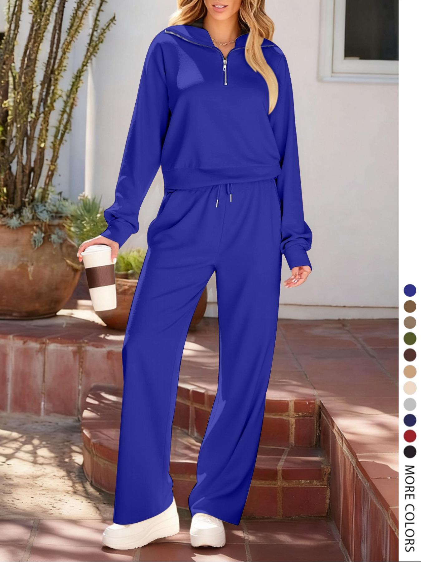 Pure Color Half-Zip Shoulder Pad Sporty Top Long Pants Set, Casual Loose-Fitting Short Upper Long Lower, Perfect for Spring Summer