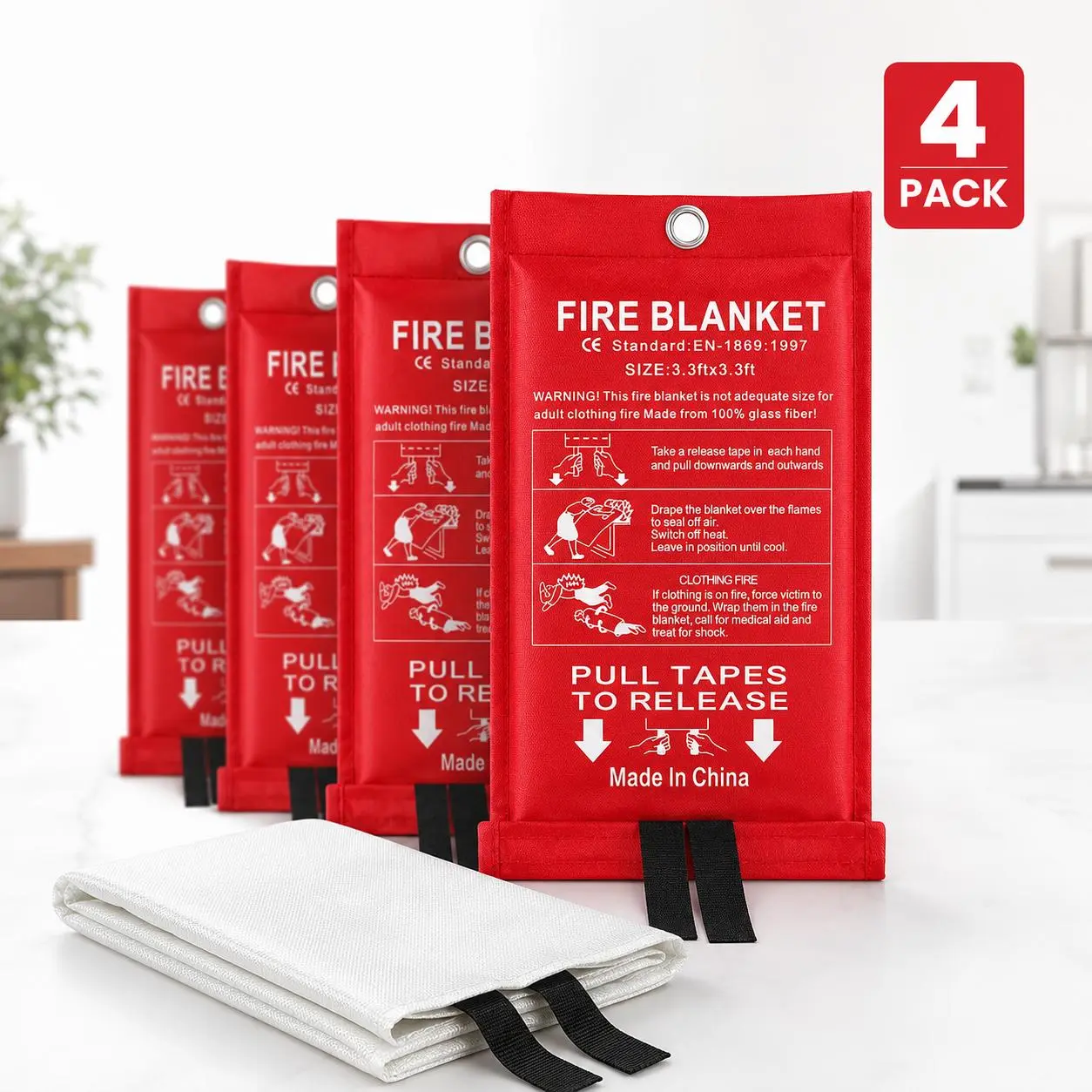 Emergency Fire Blanket, 4-Pack 40x40 in Fiberglass Fireproof Flame Suppression Blanket for Camping, Home, Survival Supplies, Fireproof Blanket