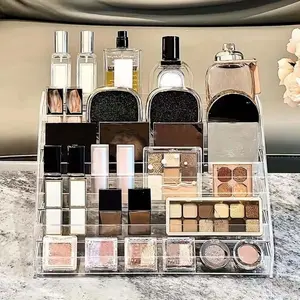Transparent Acrylic Makeup Organizer Box, 3-Layer Stackable Cosmetic Storage Rack with Dividers, Large Capacity Vanity Display Shelf