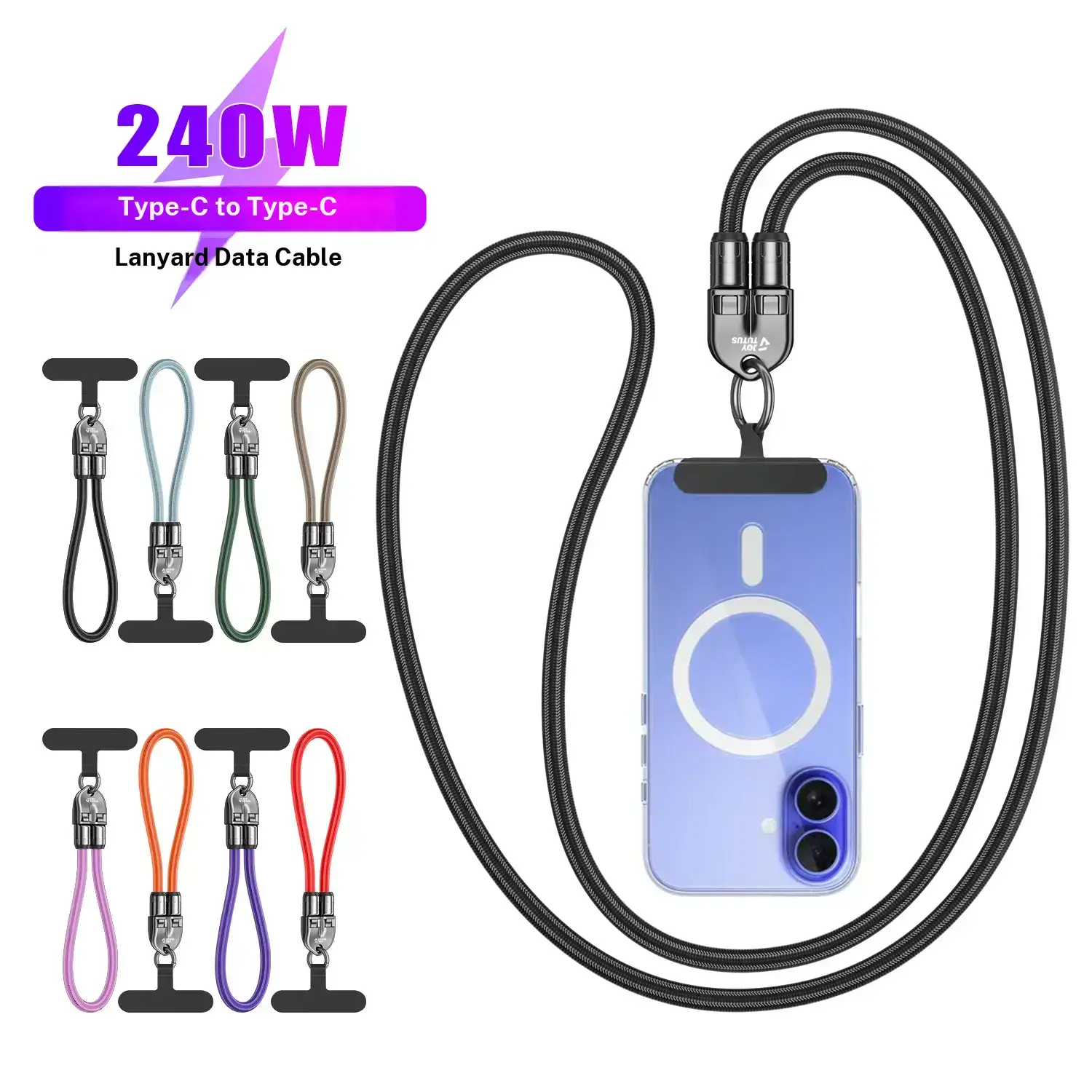 Joytutus Metal 240W USB C Fast Charging Lanyard 7mm Nylon Crossbody/Wrist Strap, Data Sync Accessory for iPhone 16/15, Samsung, Pixel, Smartphone, Cellphone, Earbuds, Travel Gadget