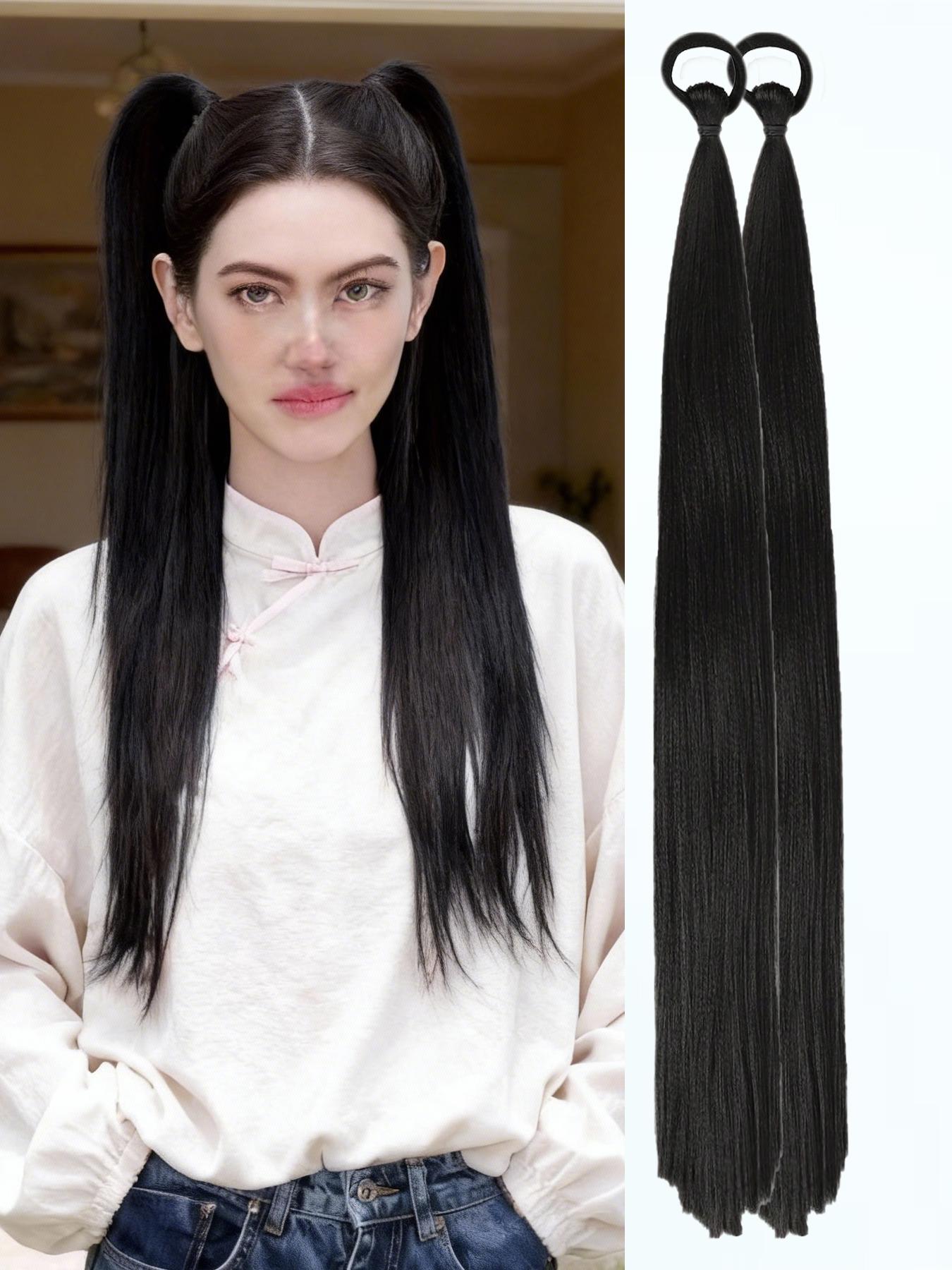 26 Inch Braid Ponytail Extension 2-Pack - Straight Sleek Wrap-Around Synthetic Hairpiece with Elastic Tie for Women, Perfect for Holiday Parties, Synthetic Extensions, Straight Synthetic Hairpieces