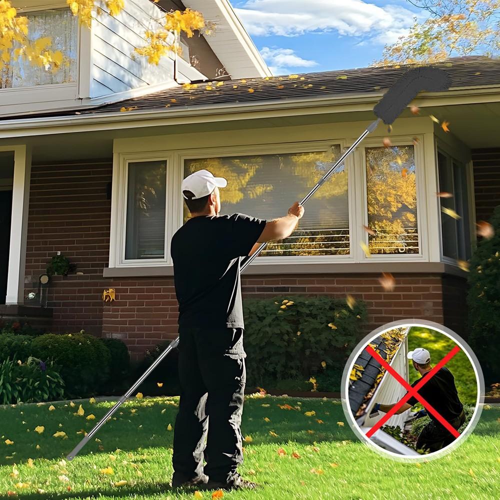 Long 3.7m/12ft Rain Gutter Cleaning Tool Set, Easily Remove Roof Leaves & Debris, Includes 8 Stainless Steel Pipes & Brush Head